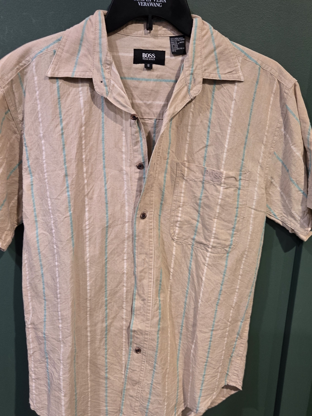 BOSS Men's Small Striped Short Sleeve Shirt Linen/cotton Blend